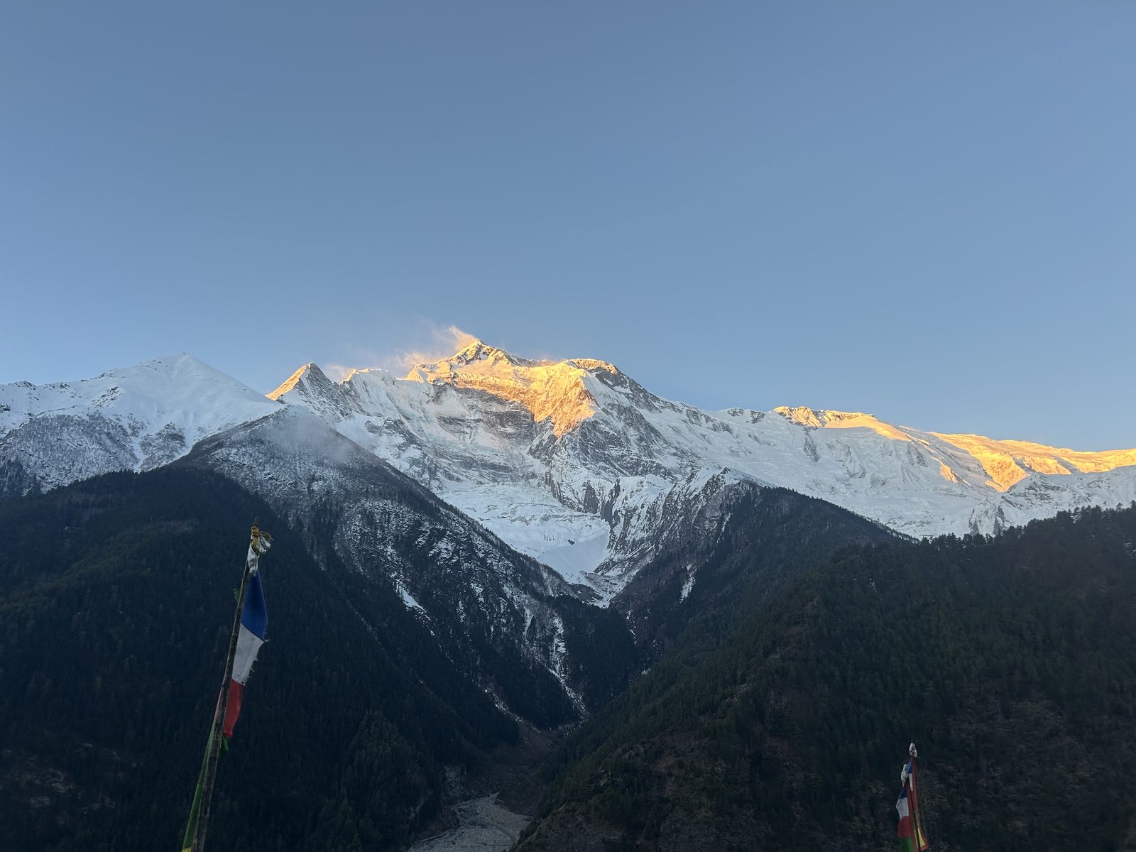 Alpenglow on the Annapurnas from Upper Pisang. 