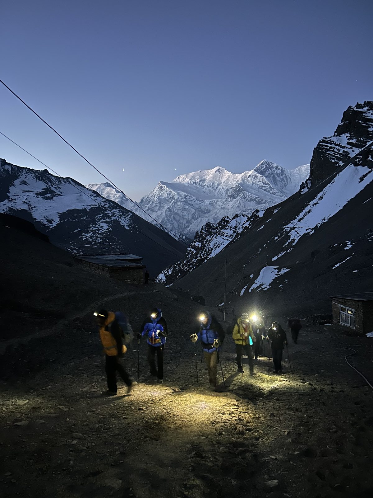 3am start for Thorong La Pass day, headlamps on.