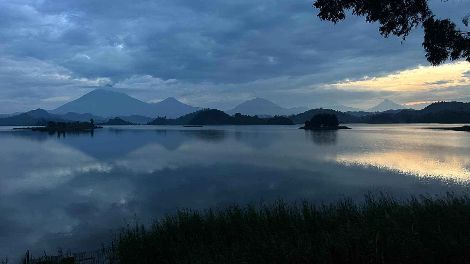 The volcanoes in the distance.