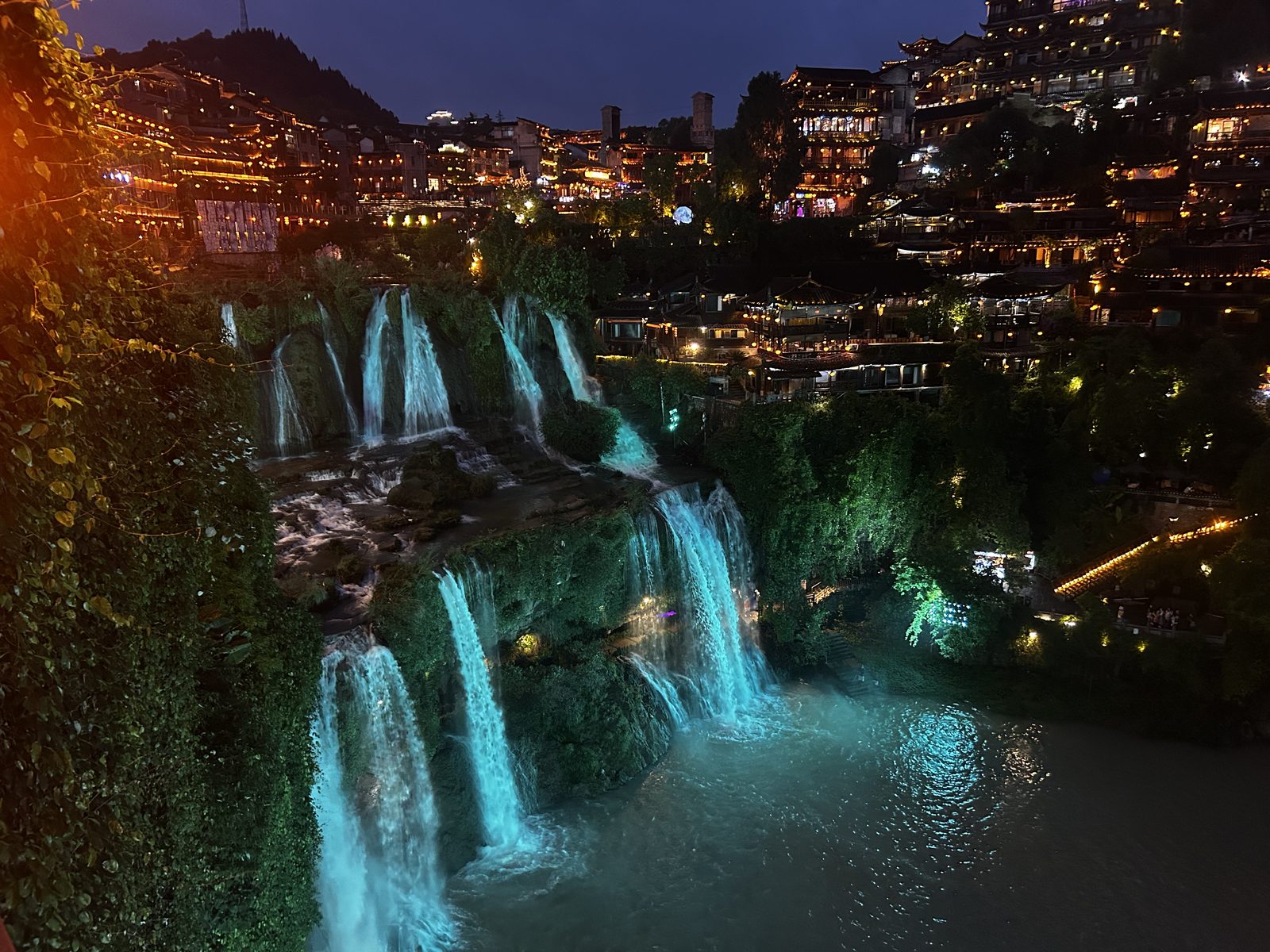 Furong Ancient Town and its waterfall. 