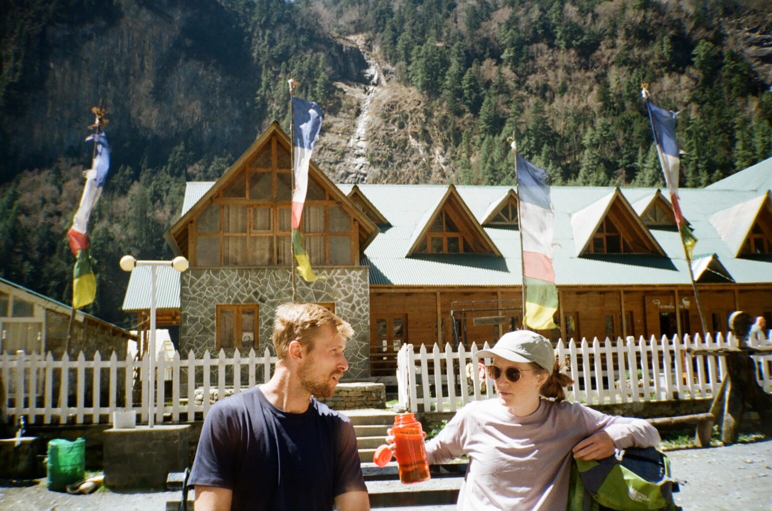 Teahouse stop under the prayer flags.