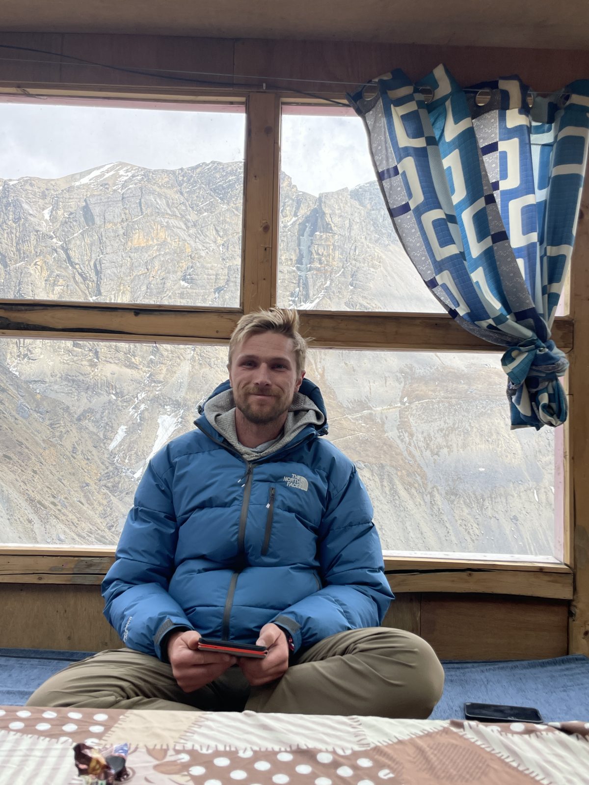 Bundled up in a teahouse high on the circuit, the Himalaya right outside the window.