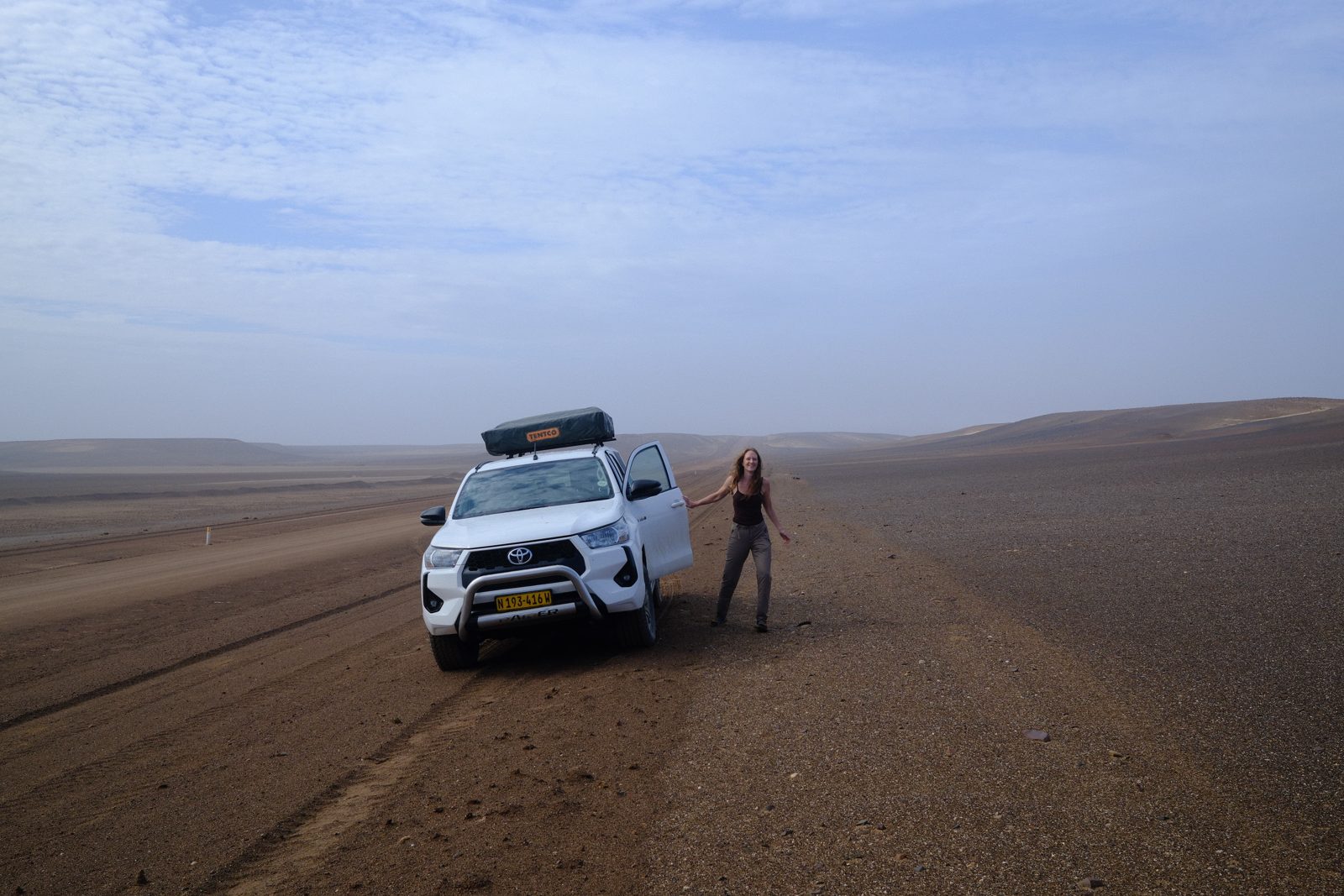Our home on wheels, out on the gravel plains.
